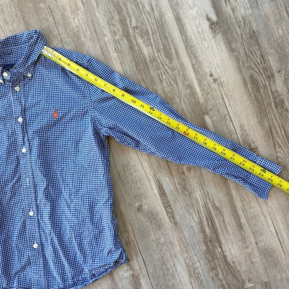 Ralph Lauren Boys Blue Gingham Button Down Shirt Large 14-16 Orange Pony Logo
